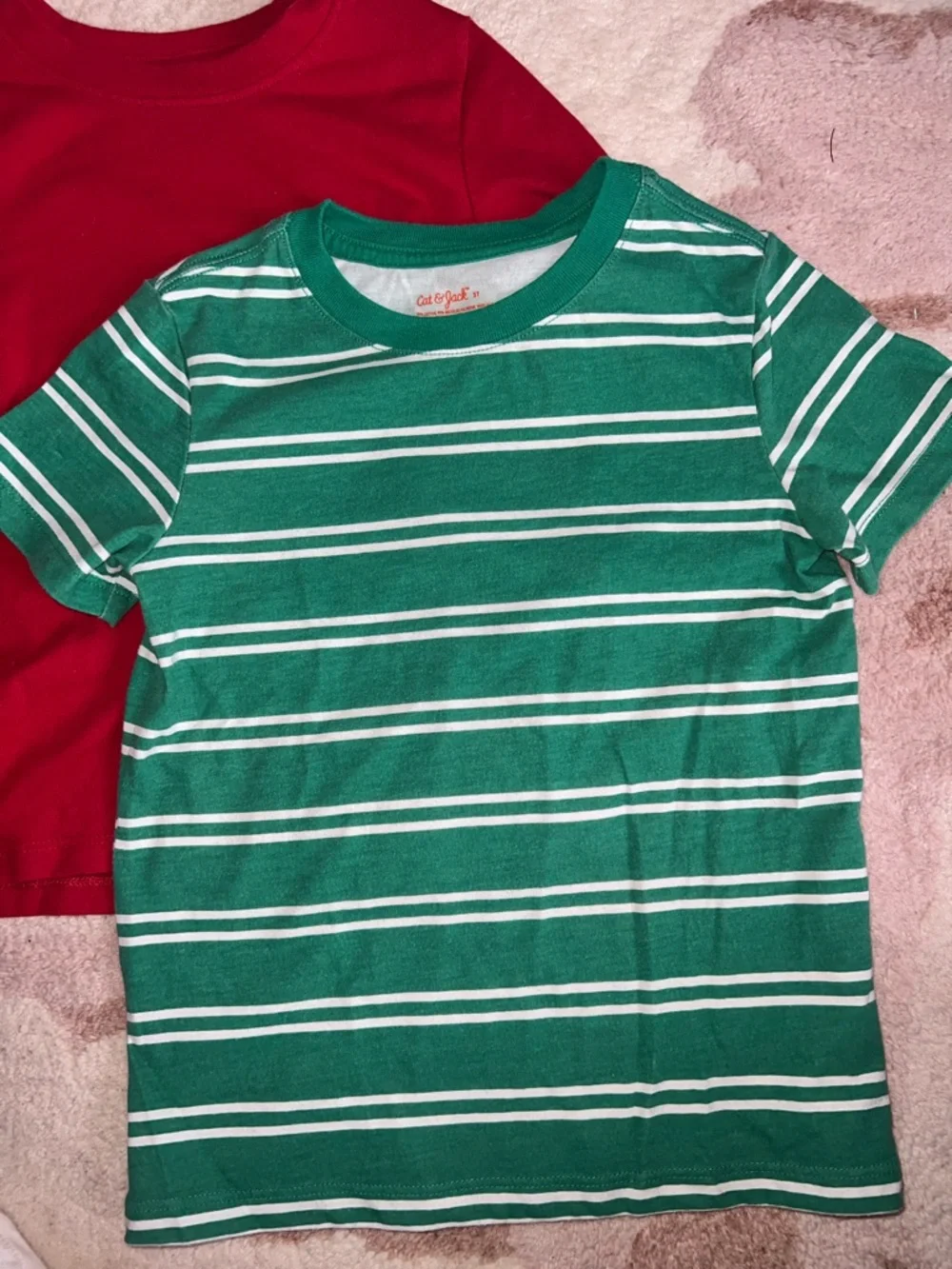 Cat & Jack Green and White Striped Tee with Red Long-Sleeve Top Bundle